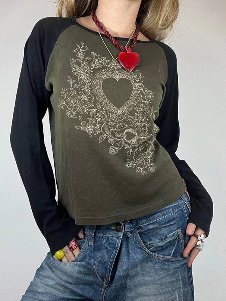 

Heart Print T-Shirt Women Japanese 2000S Style Y2K Tops Female Slim Long Sleeve Patchwork T-Shirts Ladies Vintage Harajuku Tees