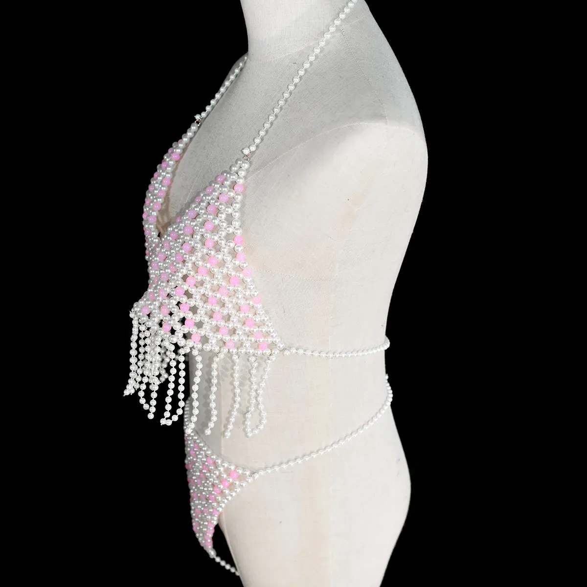 Sexy Fashion Imitation Pearl Beaded Bodychain Bikini Halter Neck Tassel Bottom Tops and Harness Suspander Briefs Swimsuit