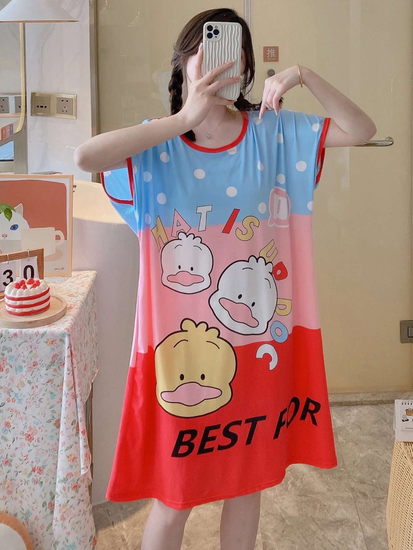 Cartoon Duck Print Lounge Dresses, Comfy Cute Short Sleeve Crew Neck Dress, Women's Loungewear & Dresses