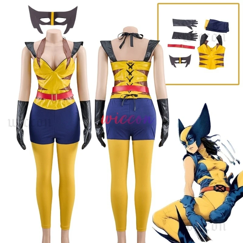 

Sperhero Female Wolverine Cosplay Jumpsuit Mask Halloween Gender Swap Sleeveless Bodysuit Wolverine Cosplay Costume Customized