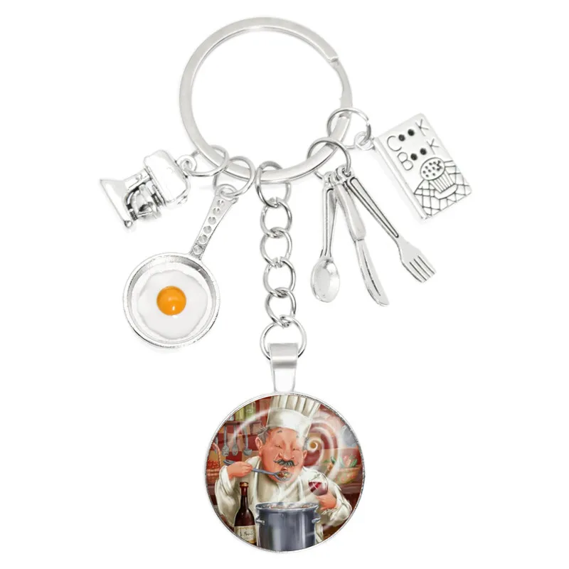 New Cartoon Chef Glass Cabochon Keychain Egg Belt Pot Key Chain Shovel Key Ring Chef Chef Baker Gift Chef Jewelry Gift