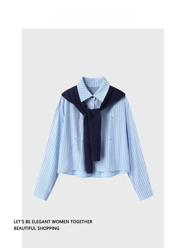 طقم نسائي أنيق من قطعتين بجودة أصلية، قميص محبوك مخطط وشال، أسلوب كوري عصري بأكمام طويلة وياقة بولو