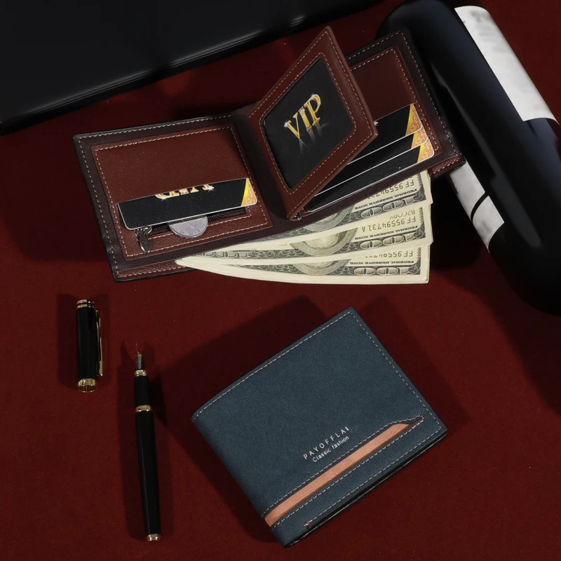 Men's Fashion Business Short Wallet with Zipper Coin Pocket  Luxury Brand Card Slots Horizontal Soft Synthetic Leather Wallet image 6