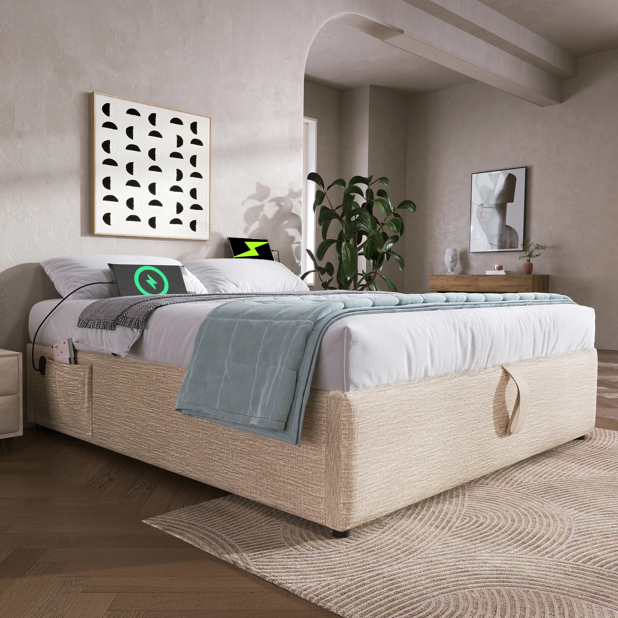 KOMHTOM Lit double en lin naturel 140 × 200 cm sans tête de lit avec fonction de charge USB-C sans matelas