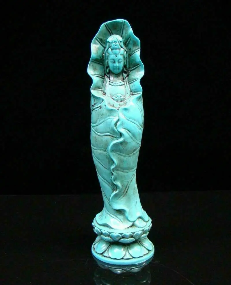 Handmade Carved Chinese Turquoise Statue Kwan-yin Lotus Exquisite