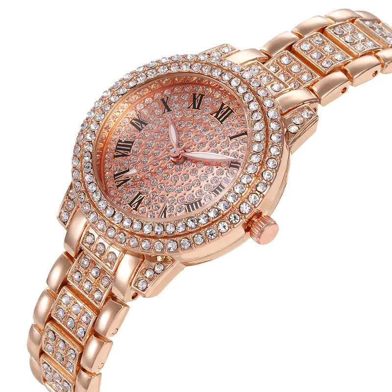 Moda feminina luxo diamante aço relógios pulseira senhoras relógio de quartzo rosa ouro das mulheres relógio de pulso cristal brilhante reloj mujer