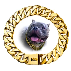 Strong Dog Gold Collar Big Dogs Cuban Link Chain 32mm Wide Stainless Steel Collar for Medium Large Bulldog Usage