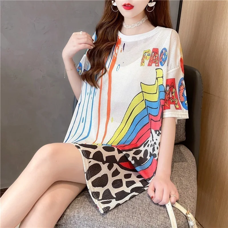 #4203 Summer Mesh T Shirt Women Loose Hollow Out Short Sleeve T Shirt Female O-neck Casual 3D Print Long T-shirt Loose Quick-dry