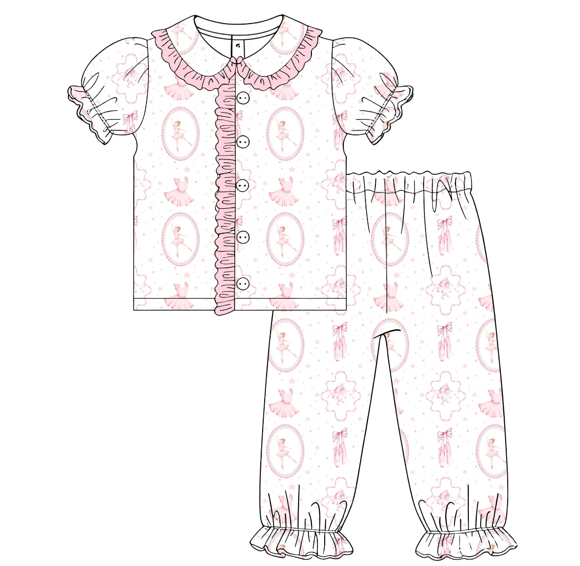 Boutique kids set Collared ruffled puff sleeve button-down top paired with trousers bow printing custom wholesale