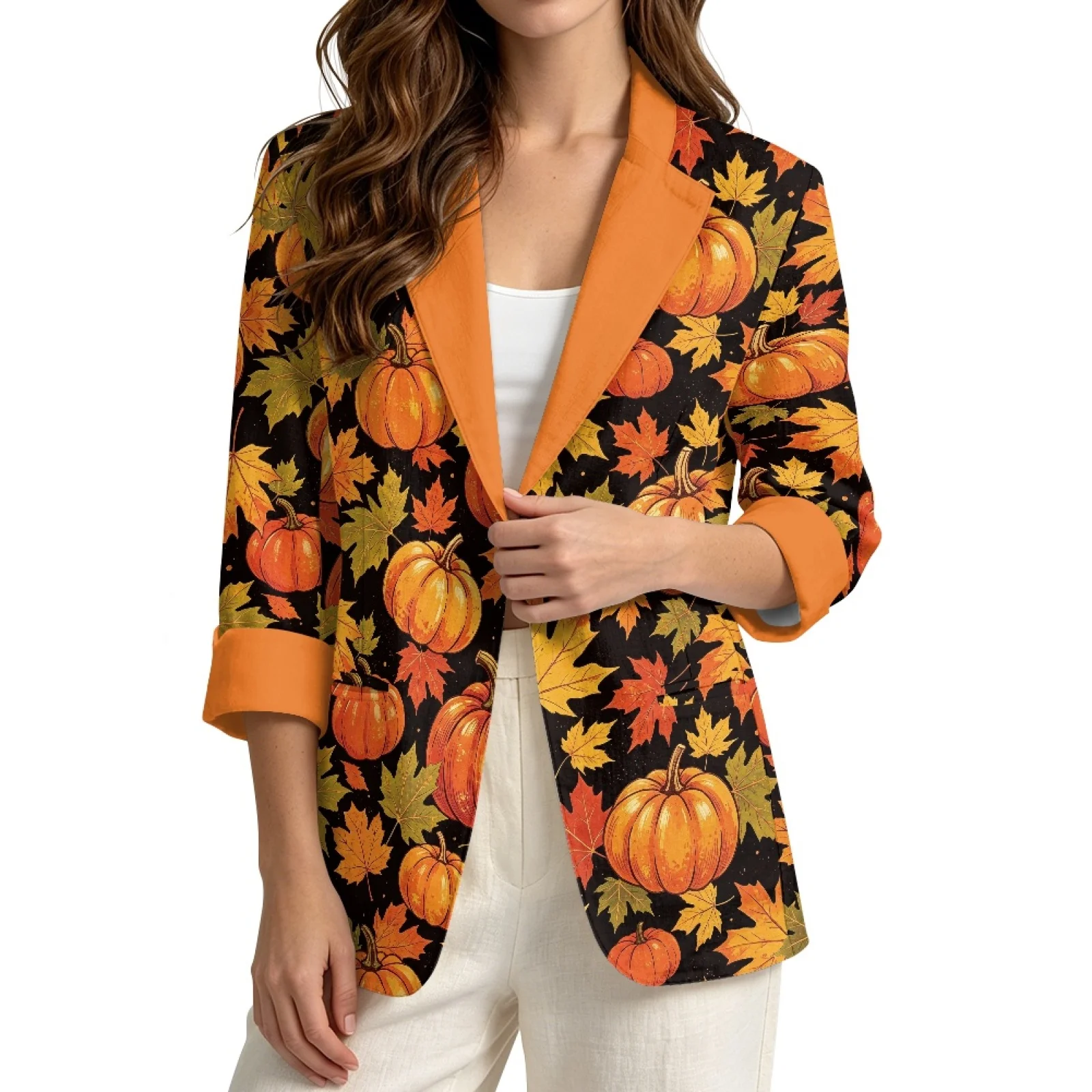 PENSTROLL Pumpkin Maple Leaf Linen Style Fall Outerwear for Business 3/4 Sleeve Beach Cardigan Jackets