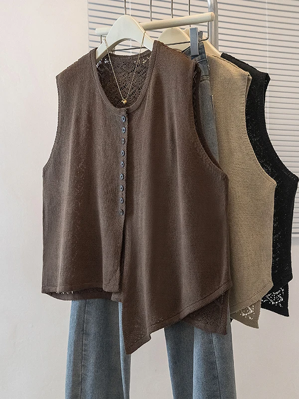 Casual Style Knitted Vest Irregular Hollow out Sleeveless round Neck Women's Spring Autumn Loose plus Size Layering Trendy