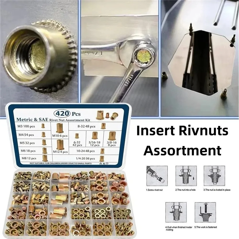 Carbon Steel Rivet Nut M3-M12 Rustproof Threaded Insert Tool Manual Zinc Plated Rivet Nut Assortment Kit Rivnuts Tool