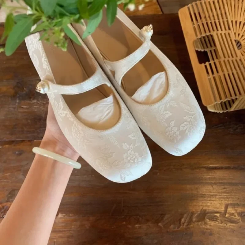 

Women's Flat Shoes Square Toe Print Pearl Shoes for Women All-match Shallow Mouth Concise 2025 Spring Autumn Zapatillas De Mujer