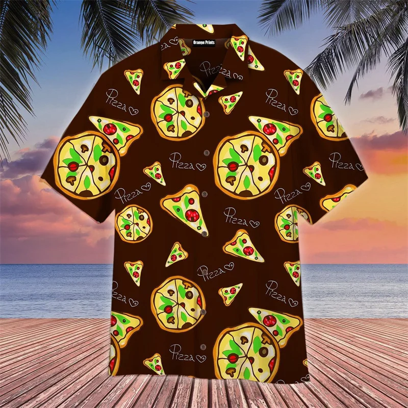 Funny Pizza 3D Print Hawaiian Shirt Cartoon Cat Food Graphic Lapel Shirt Street Loose Short Sleeves Unisex Shirts Diy Custom Top