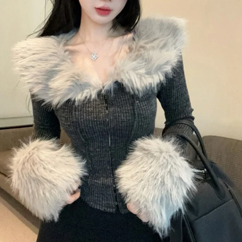 American Hottie Knitted Cardigan Women Faux Fur Patchwork Slim Fit Coat Fall Winter Fashion Ribbed Two Way Zipper Sexy Outwear