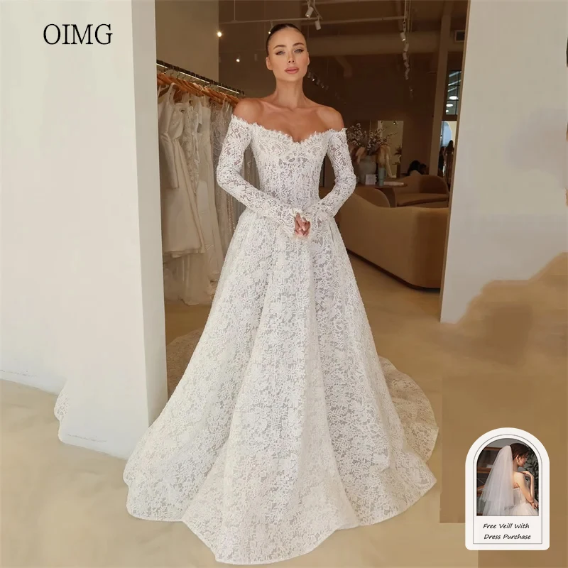OIMG Luxurious Lace Off The Shoulder A Line Wedding Dress Backless Bride Dresses Floor Length Long Tail Wedding Gowns Customized