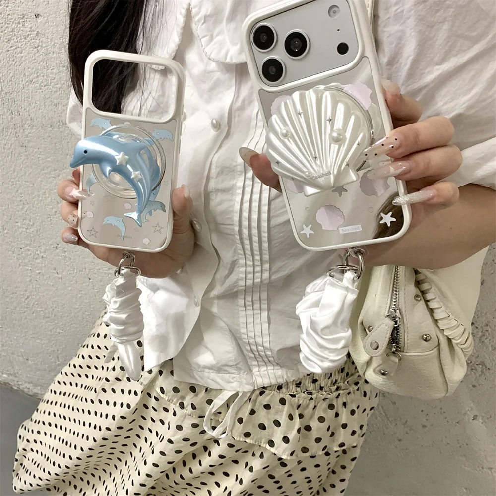 Ocean Shell Dolphin 3D Holder Phone Case For iPhone 15 16 17 Pro Max Cute Seashell Starfish Pattern Wrist Shockproof Phone Cover