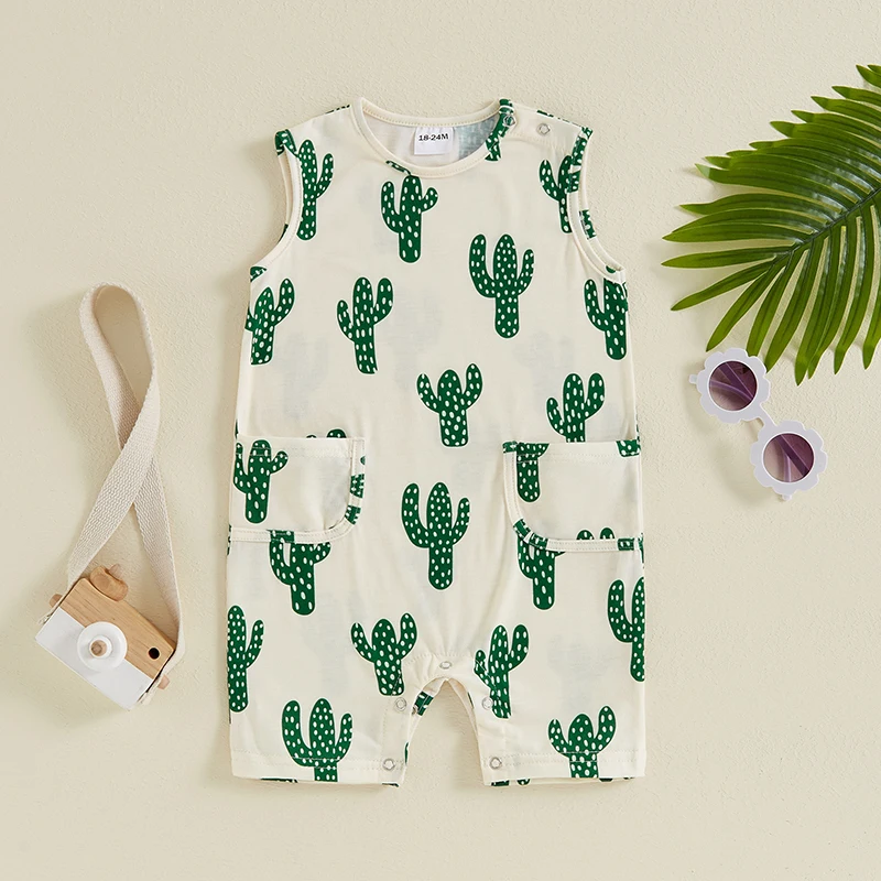 Baby Girls Boys Sleeveless Romper Casual Cactus Print Round Neck Tank Top Jumpsuit Newborn Summer Clothes