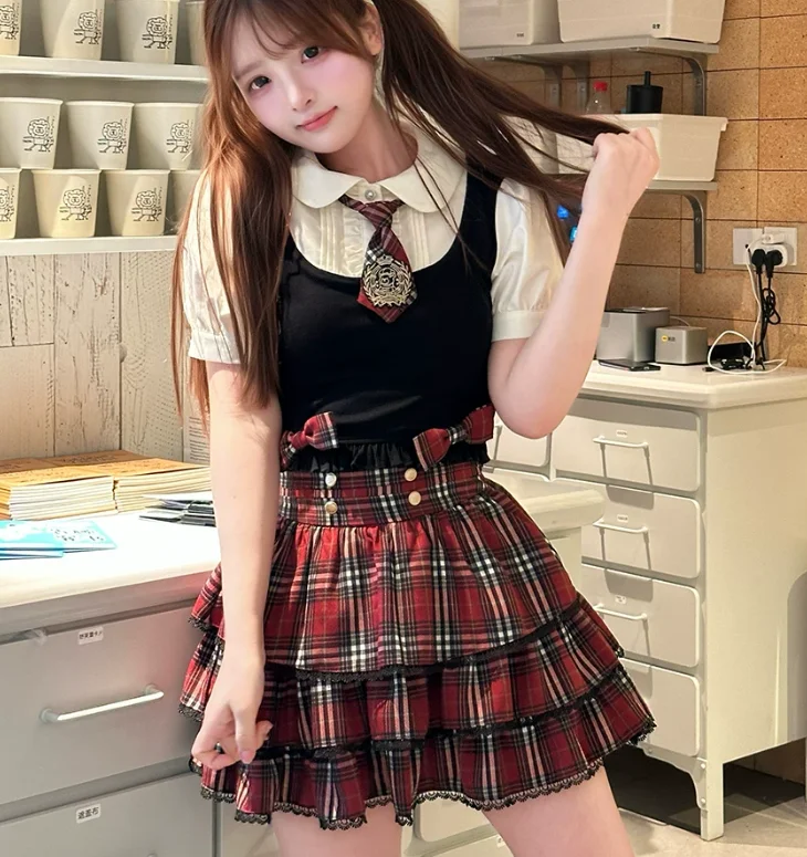 Summer Japanese Black Sweet Peter Pan Collar Short Sleeve T-shirt Fashion Girl High Waist A-line Age-reducing Plaid Cake Skirt