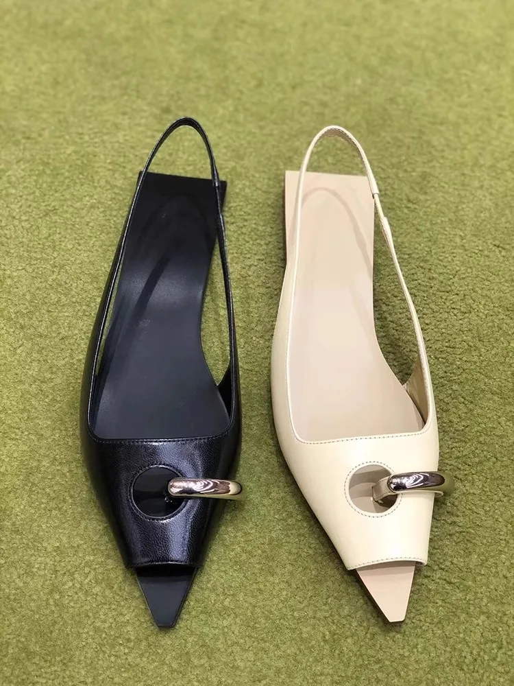 

Small Niche Design Metal Pointed Flat Sandals for Women New Versatile Open Toe Low Heel Muller Shoes Personality Trend