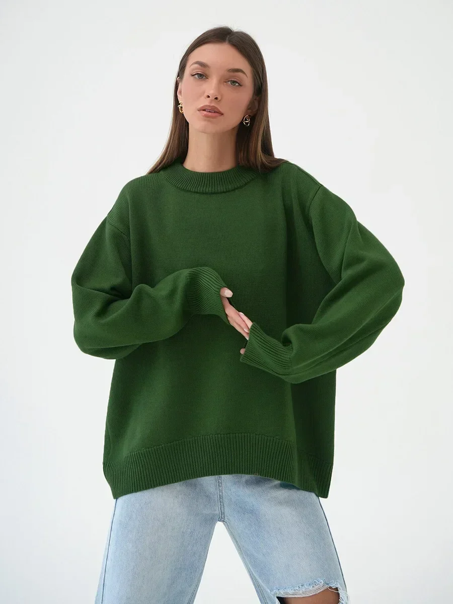 

2023 Autumn Winter Women Fashion Loose Round Neck Knitted Sweater Female Solid Color Casual Long Sleeve Tops Pullovers