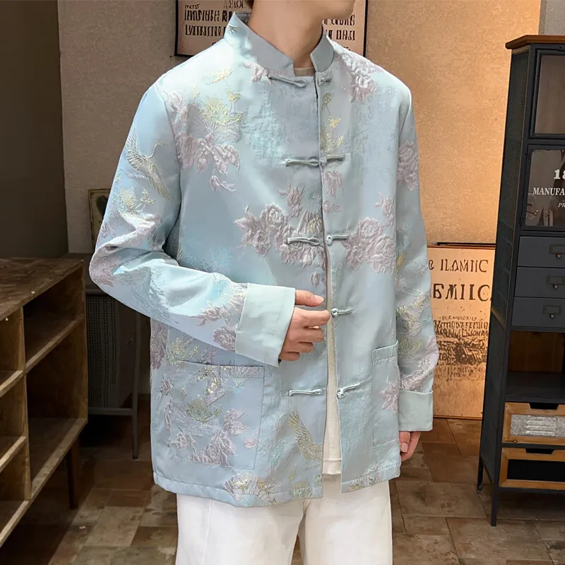 

New Chinese Sle Men's Long Sve Jaet Autumn Winter Embroidered Stand Collar Button up Coat Large Size Tang Costume