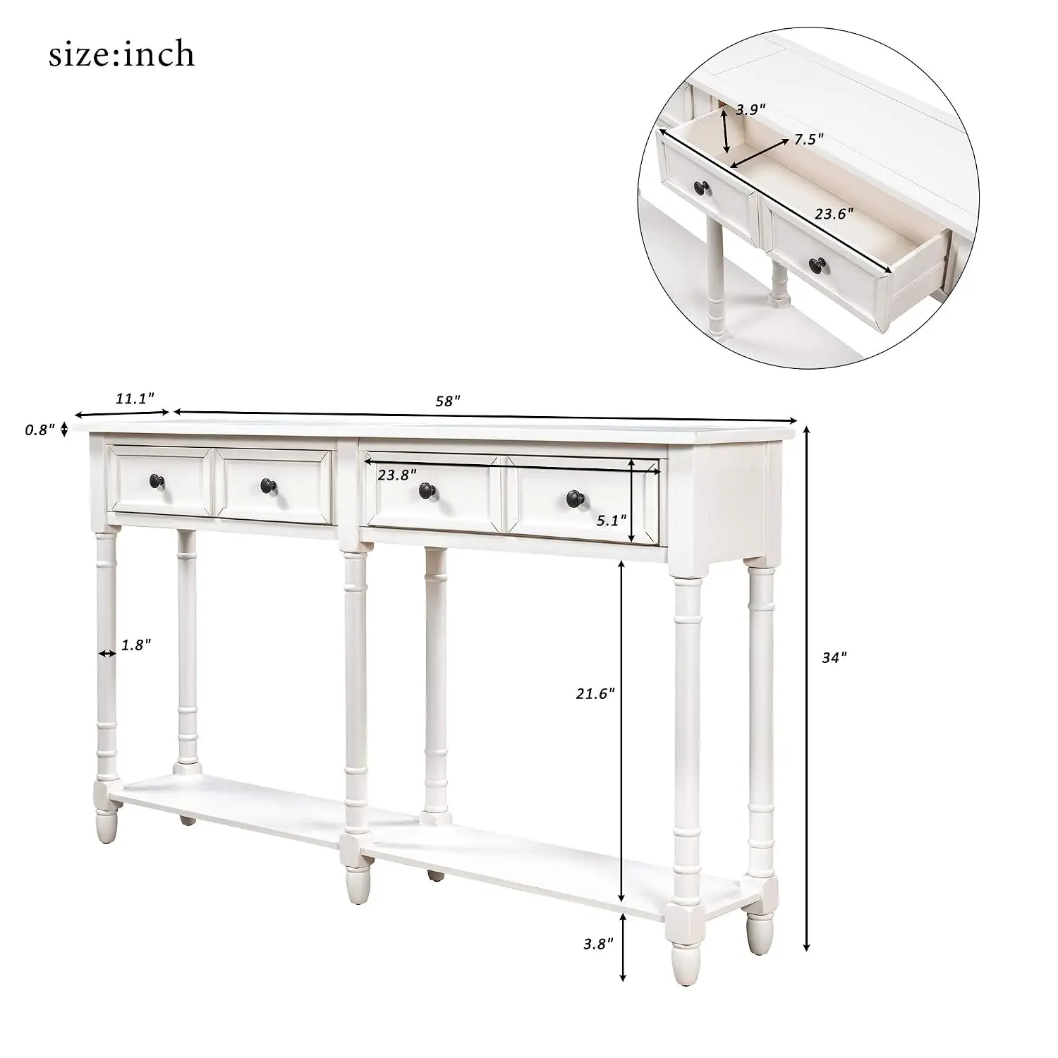 Rustic Console Table With Drawers & Shelf, Slim Entryway Hallway Behind Sofa, Easy Assembly, Ivory White 2-Drawer, Customized