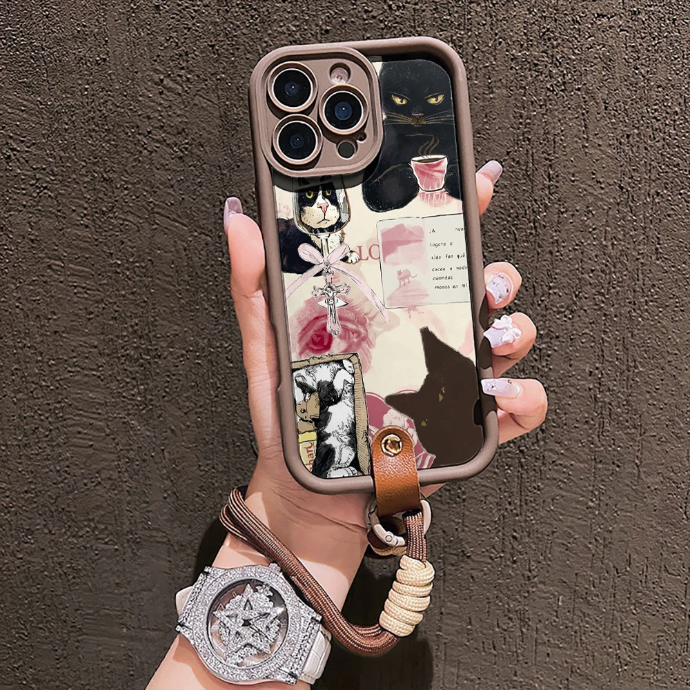 Retro-Katzen-Collage-Silikon-Handyhülle für iPhone 17 16 17 Pro 15 14 13 12 11 Pro Max 16E 7 8 Plus XR XS mit Lanyard, niedliche Hülle – Detail 6