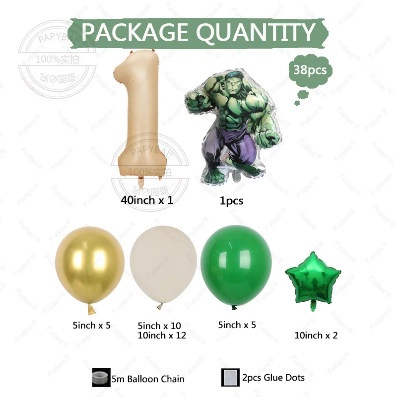 38Pcs Avengers Alliance Theme The Hulk Foil Balloon Set 40Inch Caramel Number 1-9 Kids Birthday Decor Baby Shower Party Favors