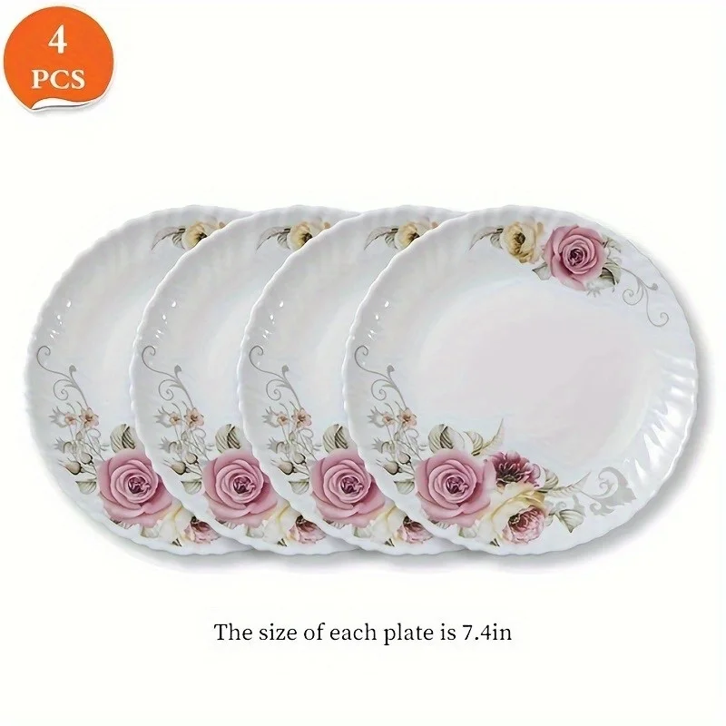 

Set Of 4 dinner plates, 7.4 Inch Tempered Opal Glass, Rose, Linear & Curved Design, Dishwasher Safe