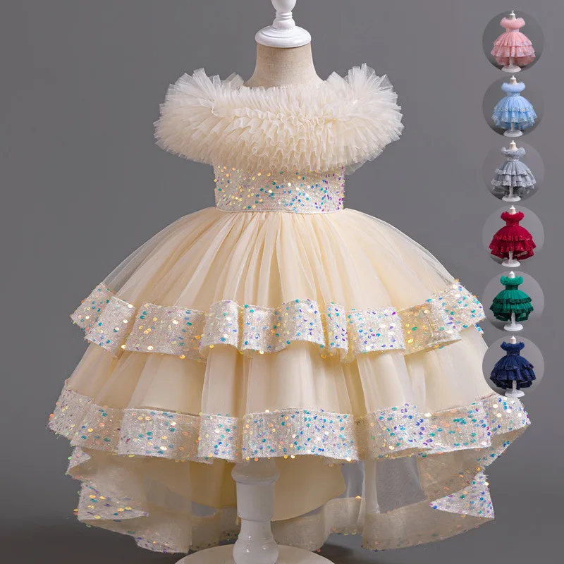 Impresionante vestido alto-bajo de lentejuelas para niñas pequeñas y grandes, vestido de ceremonia de graduación, fiesta de cumpleaños, niña de flores