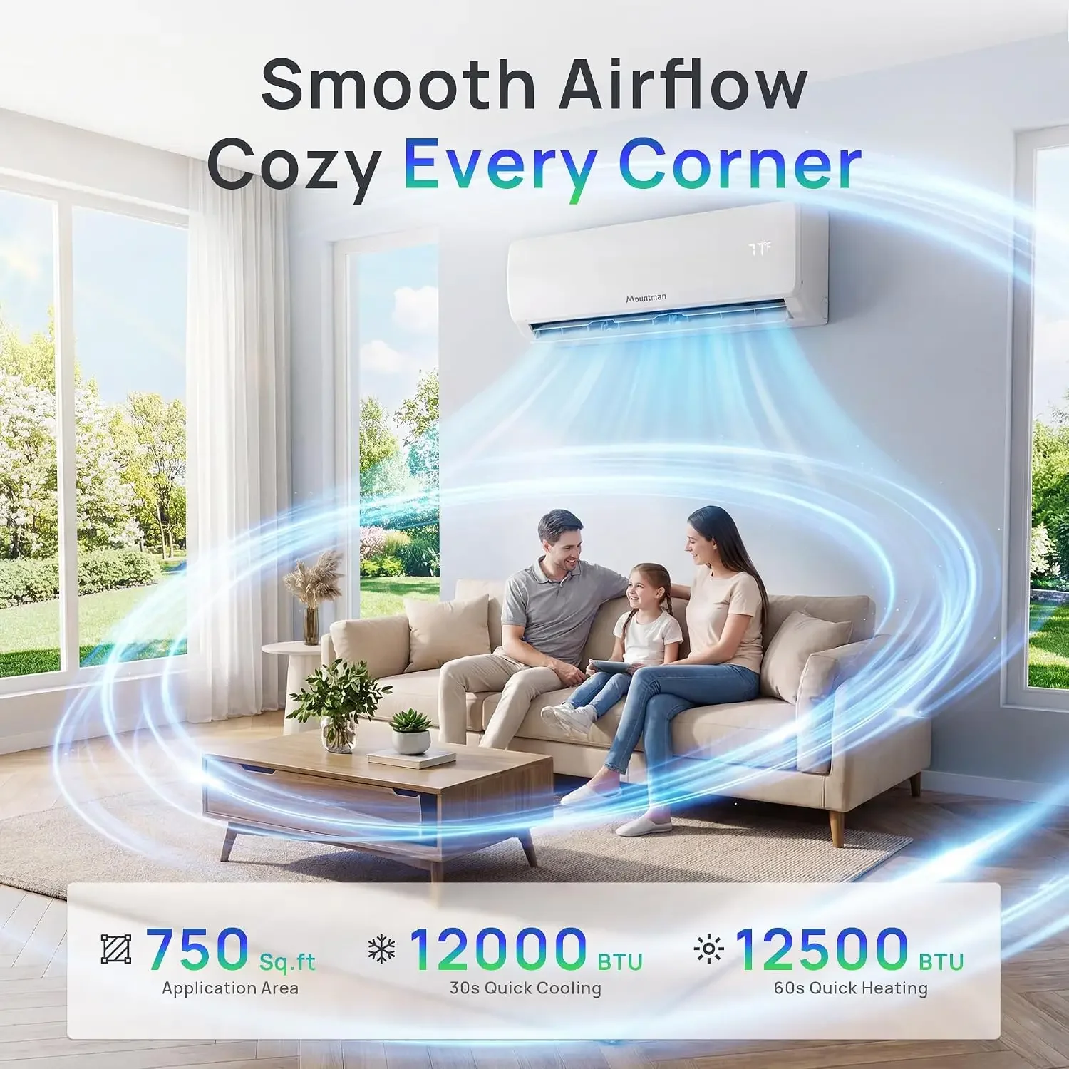 Energy Efficient 12000BTU Mountman Mini Split Air Conditioner Heating System 115V 19 SEER2 Ductless Inverter AC with Heat Pump Pre Charged Condenser Cools 750sq.ft