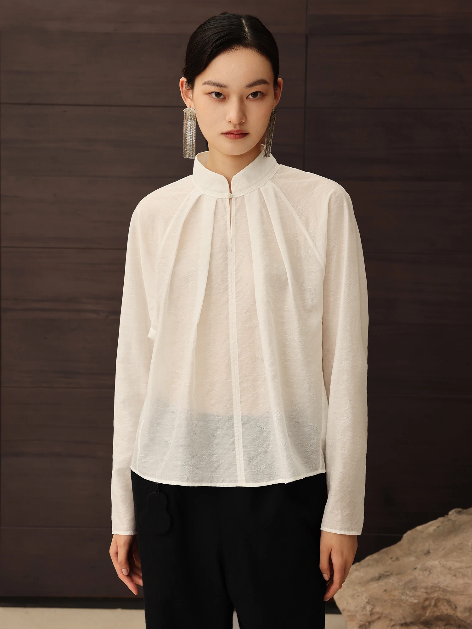 

Muxu Autumn New Sle Women's irt Stand Collar Pleated Draped Chinese Light National Sle Button up Top Polyester Viscose ...