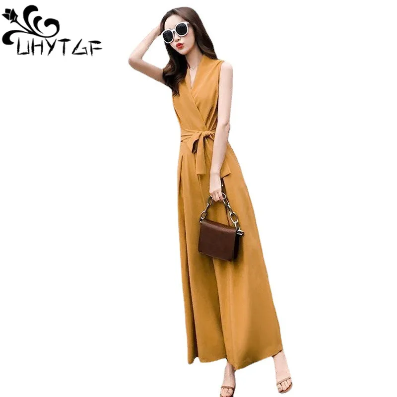 UHYTGF Fashion Summer Jumpsuit Women V-Neck Slim Wide-Leg Pants Outfit Female Long Jumpsuits Japanese Elegant Ladies Clothes 387