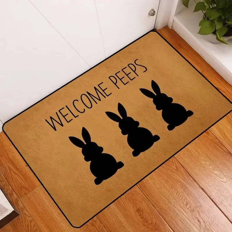 Cute Rabbit Print Mat Happy Easter Entrance Floor Decorative Washable Carpet Non-slip Easy Clean Rug Wrinkle-Resistant Doormat