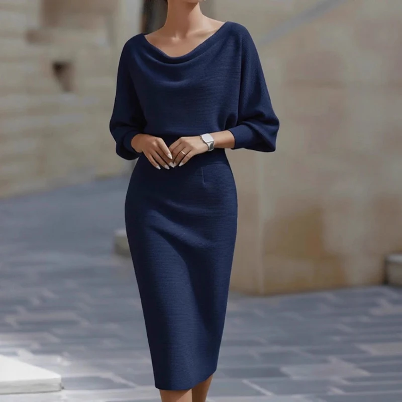 2026 Spring Sexy Draped Crew Neck Party Dress Woman Elegant Solid High Waist Slim Hips Dress Autumn 3/4 Sleeve Zips Office Dress