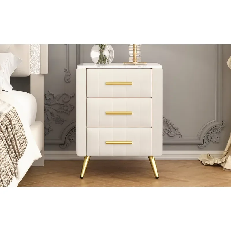Modern Upholstered Wooden Nightstand 3 Drawers Metal Legs Handles Bedside Table Marbling Stickers Bedroom Furniture