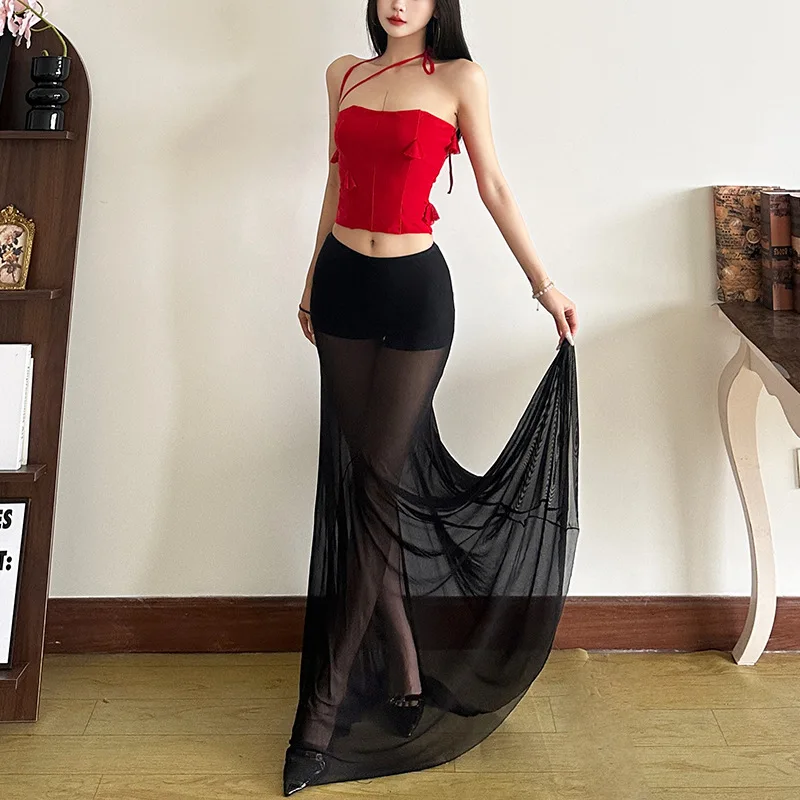 

Spring 2025 New Women's ter Ne Wrap Chest Me Skirt Transparent Design Thin Knitted f-length Skirt with Belt