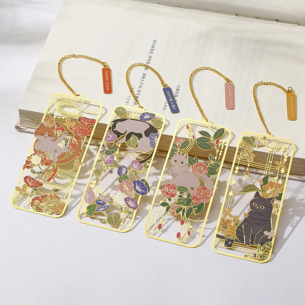 Retro Metal Metal Bookmark Tassels 3D Hollow Bookmark Cat Style Cat Bookmark Student