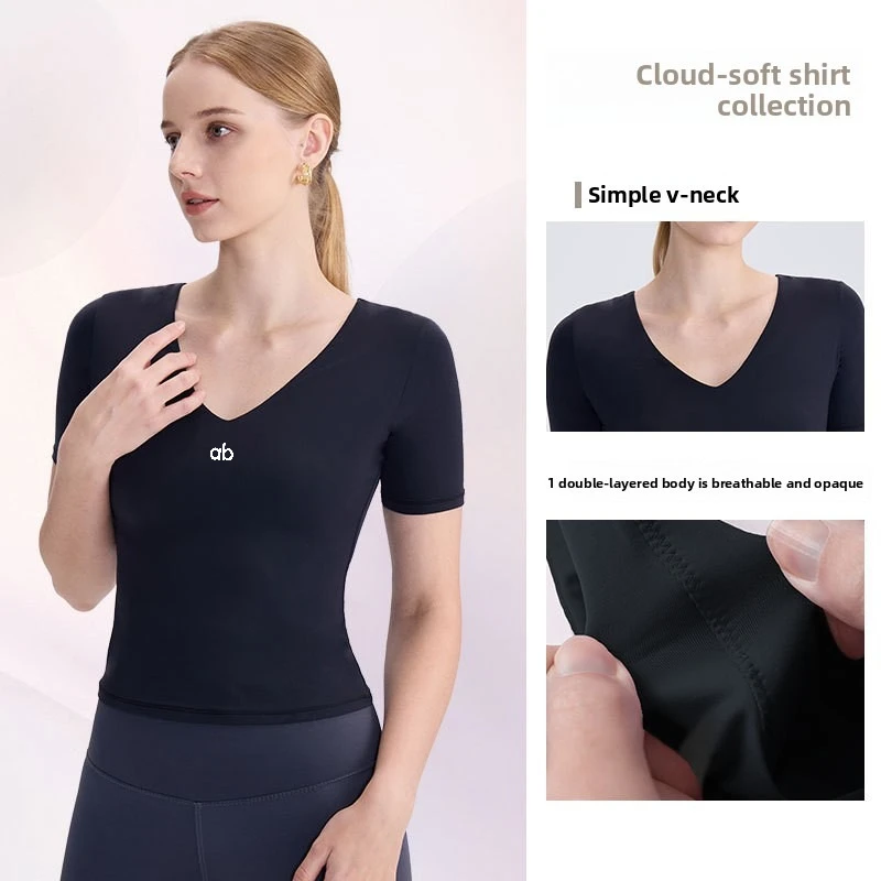 Women V‑Neck Slim Crop Yoga Top Short Sleeve Cloud Soft High Elastic Breathable Fitness Gym Summer Sports Top