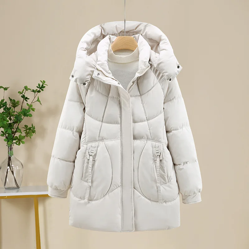 

Hooded Women Parkas Coats Mid Lenth Overcoats Solid Long Sleeves Zipper Thick Loose Fit Casual Office Lady 2025 Autumn Winter