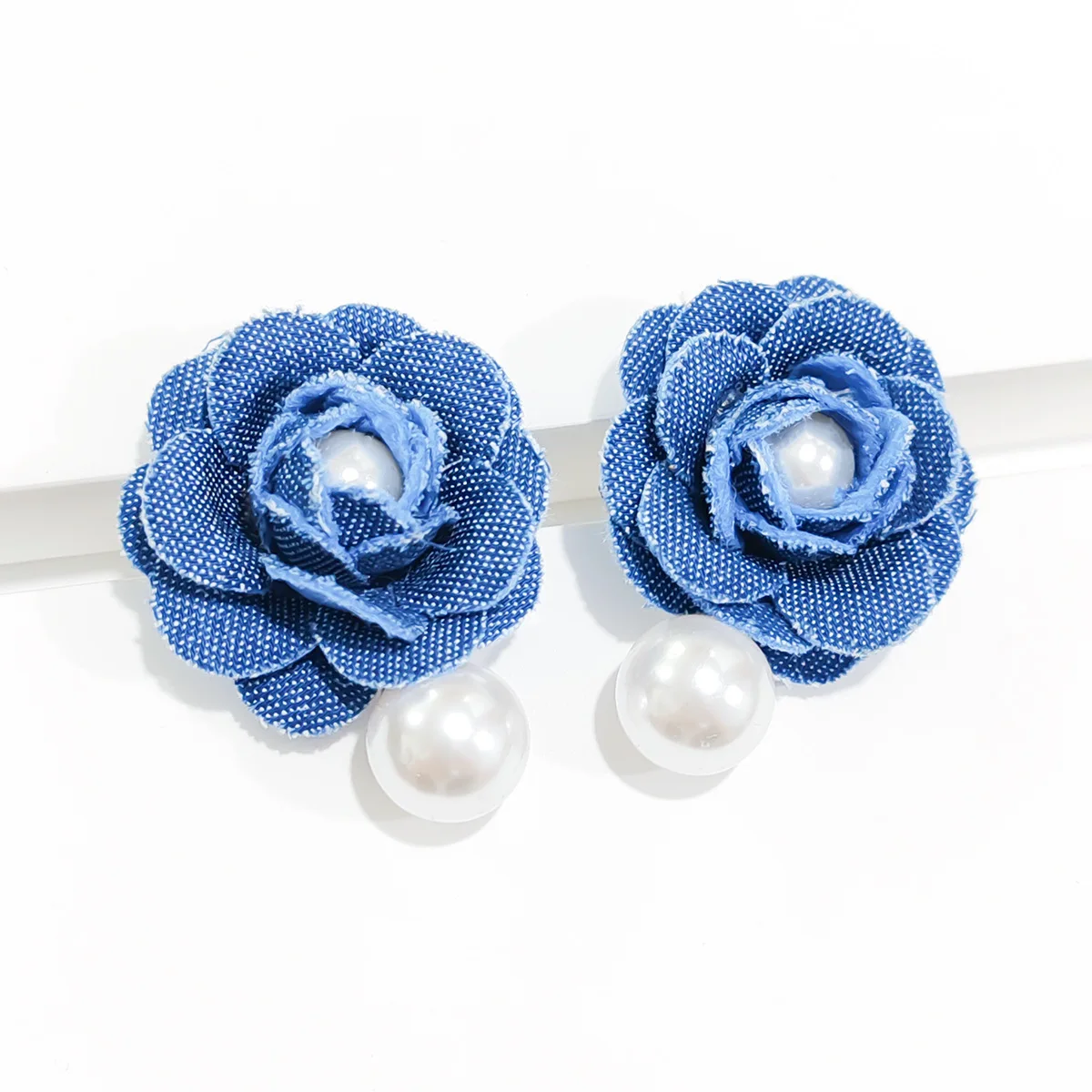 Trendy Denim Blue Fabric Pearl Flower Stud Earrings for Women Sweet Rose Earrings Versatile Wedding Party Jewelry Gifts - Image 3