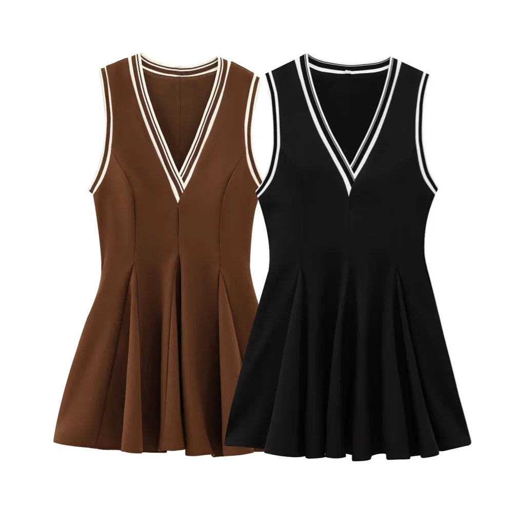 

UNIZERA Women's Wave Style Wide Swing Ribbed Dress with V-neck Decoration Spring/Summer New Casual Women's Dress