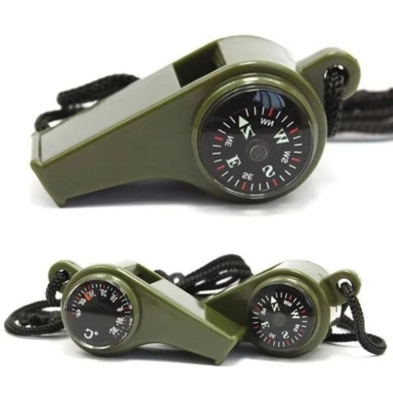 3 in1 التخييم المشي لمسافات طويلة الطوارئ بقاء والعتاد صافرة البوصلة ميزان الحرارة في الهواء الطلق تحتاج الجيش الأخضر اللون بحبل