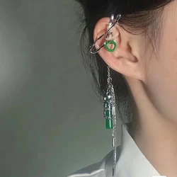 1 Pcs Green Bamboo Tassel Ear Cuffs No Perforated Ear Clips Imitation Jade Pendant Earrings for Women Wedding Daily Jewelry Gift