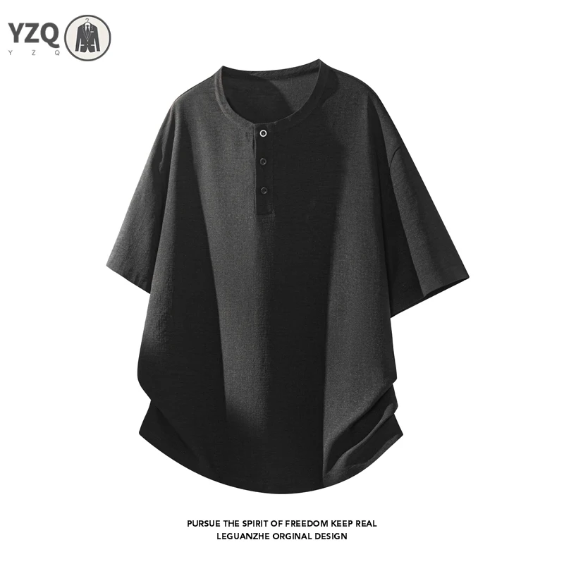Mens Oversized Loose Short Sleeve Top Mandarin Henley Collar Linen Blend T‑Shirt For Outdoor Walking Shopping Daily Relax Outfit