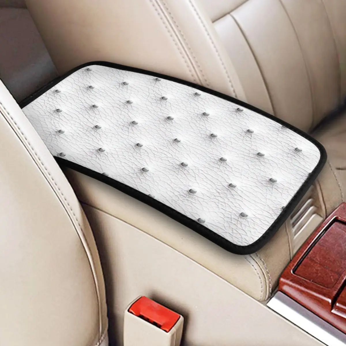 

White Dotted Quilted Leather Soft Pattern Car Accessories Car Handrail Box Cushion Custom Print Non-slip Car Armrest Cover