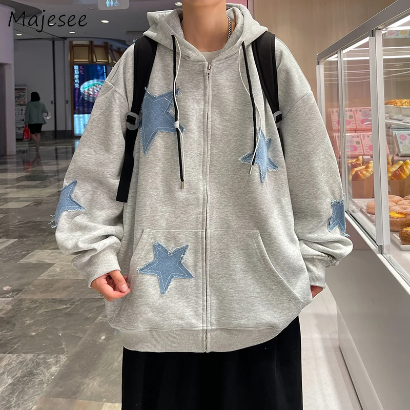 

With Hat Hoodies Men Loose Chic Simple Kpop Leisure Outwear Preppy Style Autumn New Hooded Trendy Applique Stars High Street Ins