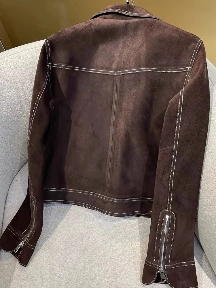 새로운 스타일 패션 정품 가죽 스웨이드 여성 짧은 재킷 지퍼 턴다운 칼라 진짜 양가죽 레트로 코트 오피스 레이디 오버코트