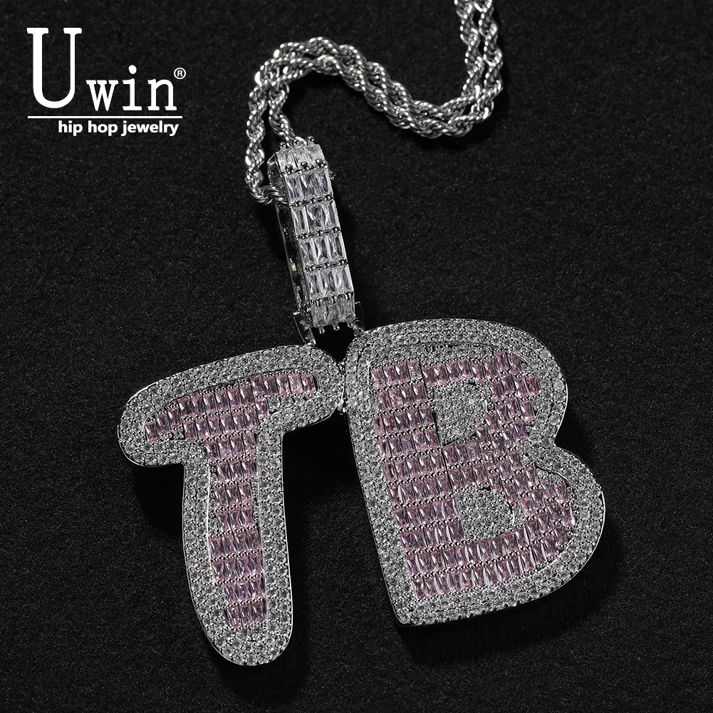 Uwin Personalized Two Tone Big Baguettecz Initial Letters Iced Out Blue Pink CZ Custom Name Pendant Necklace Hiphop Jewelry